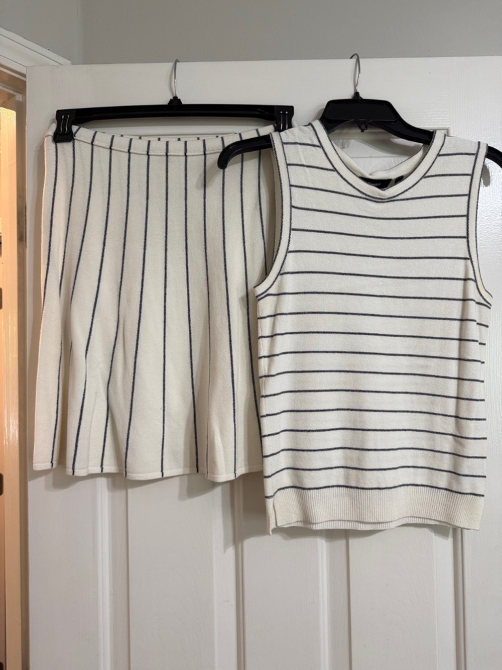 Women’s Theory Cream and Navy Striped Knit Tank and Skirt Set